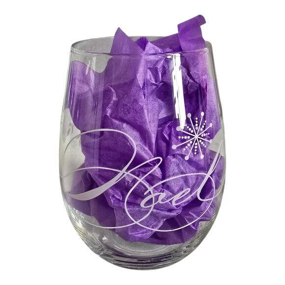 Pier 1 Imports Set (4) Etched Stemless Wine Glasses Joy Noel Snow 19 oz. - Picture 3 of 12